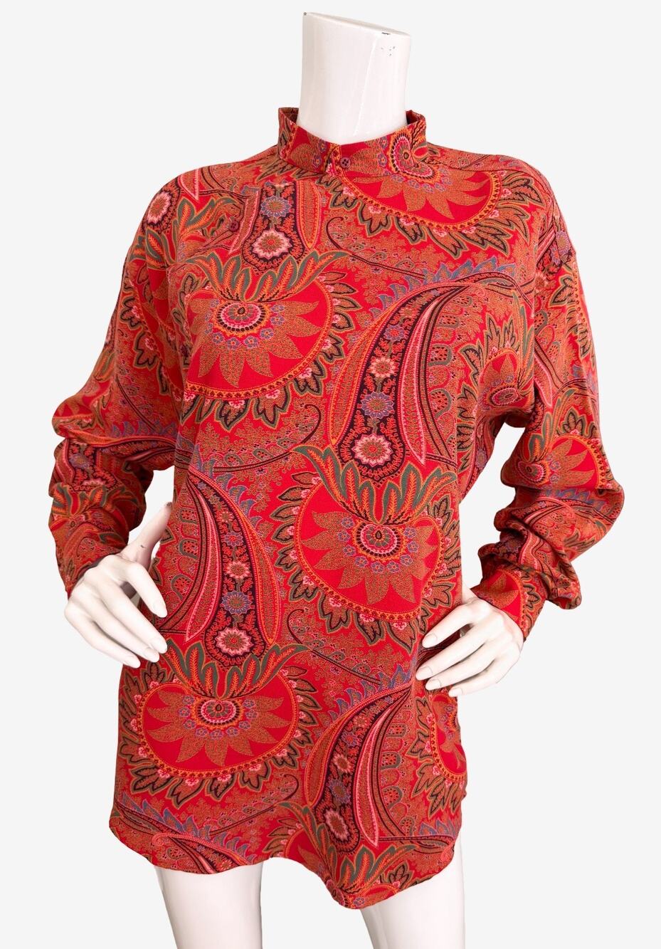 Kenzo Vintage Red Paisley Quipao Mandarin Maximalist Tunic Top F/W 1981 Medium